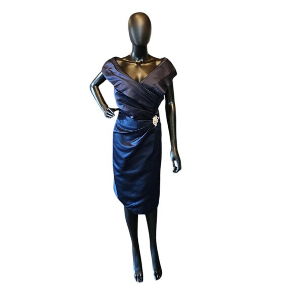 Navy Satin Off Shoulder Cocktail Dress / Party Dress Side Clip Detail - NWT JJs - Picture 9 of 9